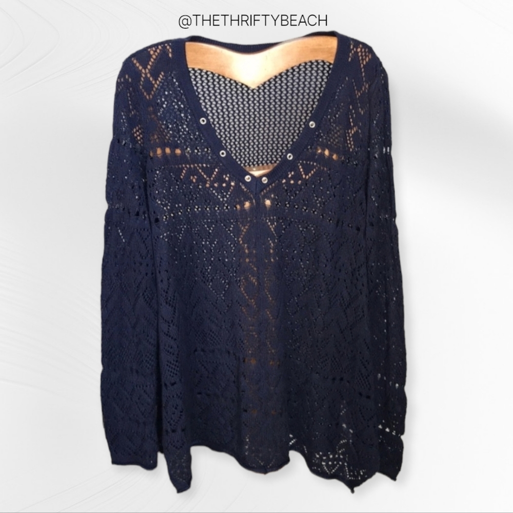 John Paul Richard Navy Blue Crochet Knit V-Neck Sweater Size L